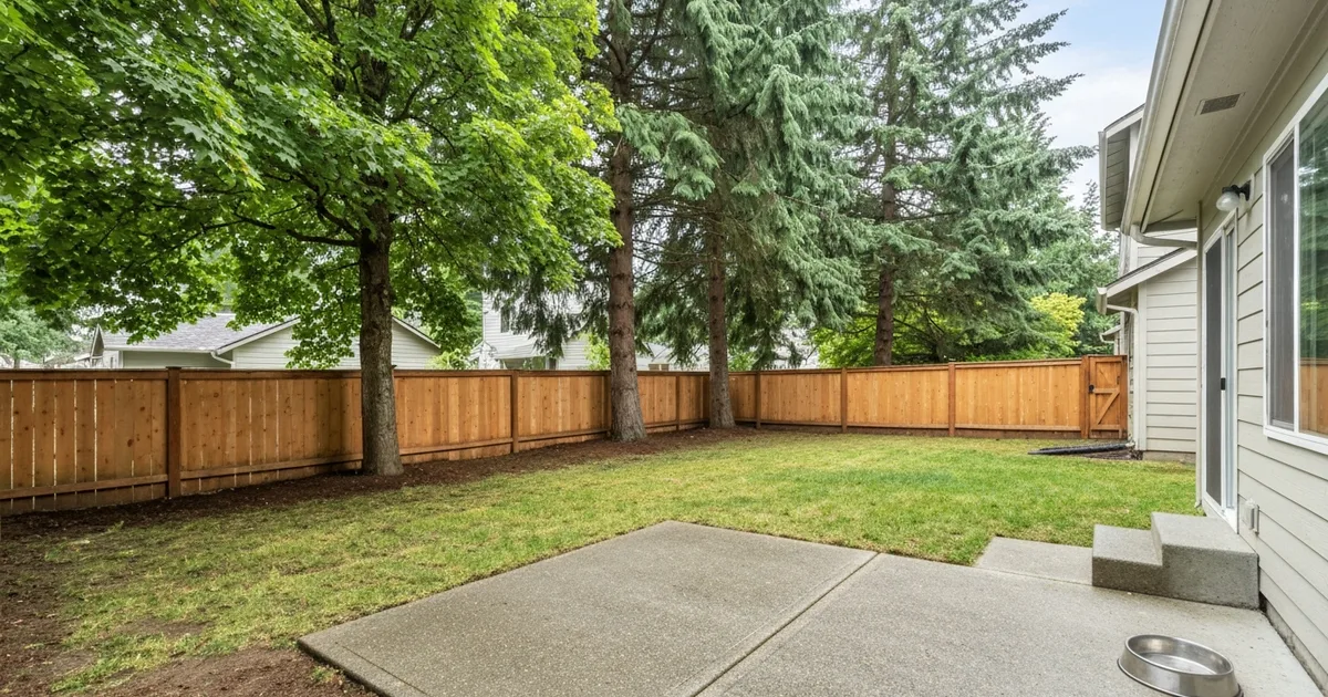 Fenced backyard of a Covington, Washington subdivision home, freshly scooped lawn with a dog bowl by the patio and Douglas fir and big-leaf maple canopy behind the cedar fence