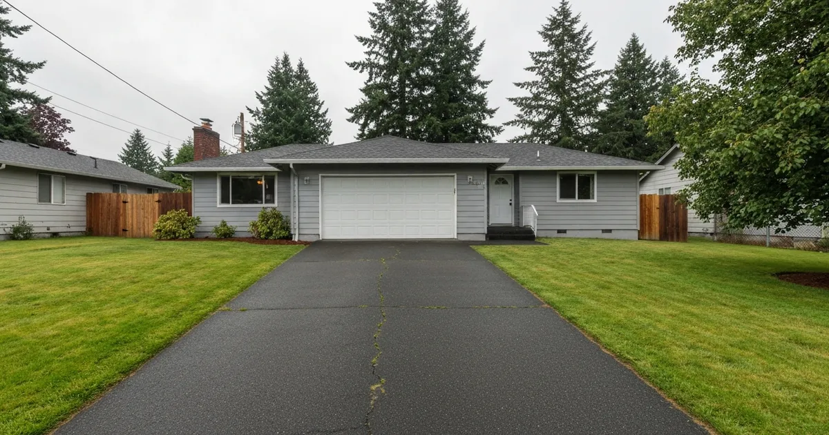 Newly paved asphalt driveway at a Pacific Northwest home in Covington, Washington, with Douglas fir trees behind
