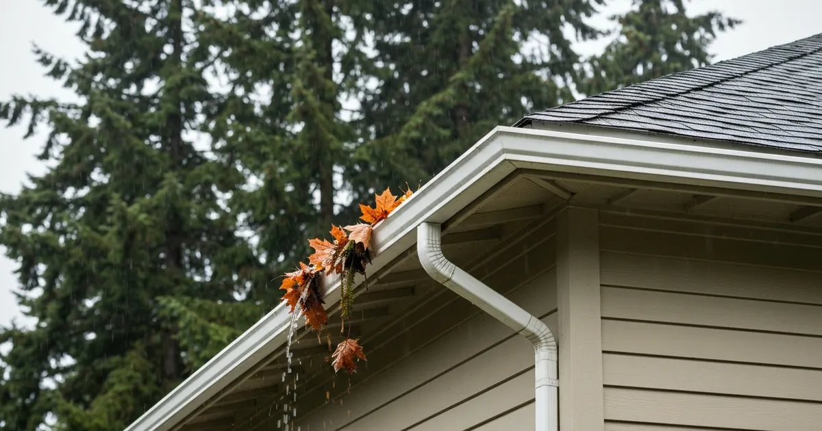 Rain gutter along the roofline of a Pacific Northwest home in Covington, Washington packed with wet bigleaf maple leaves and Douglas fir needles, tall conifers behind under overcast skies