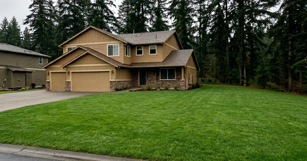 Two-story Pacific Northwest suburban home with a freshly striped lawn and tall Douglas fir trees behind it in Covington, WA
