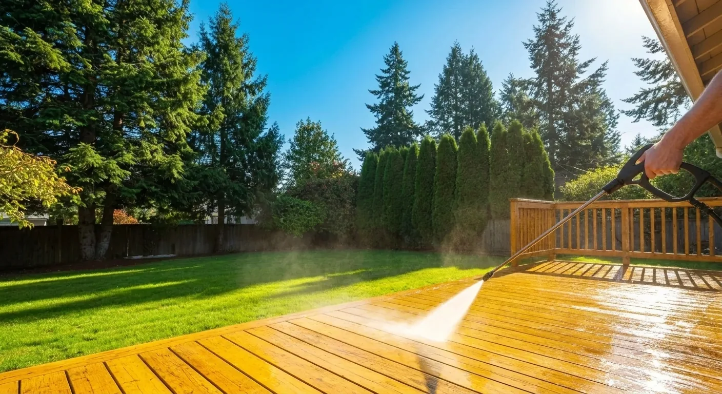 A Pacific Northwest two-story home in Covington, WA being soft-washed, with clean vinyl siding and tall Douglas fir trees behind it
