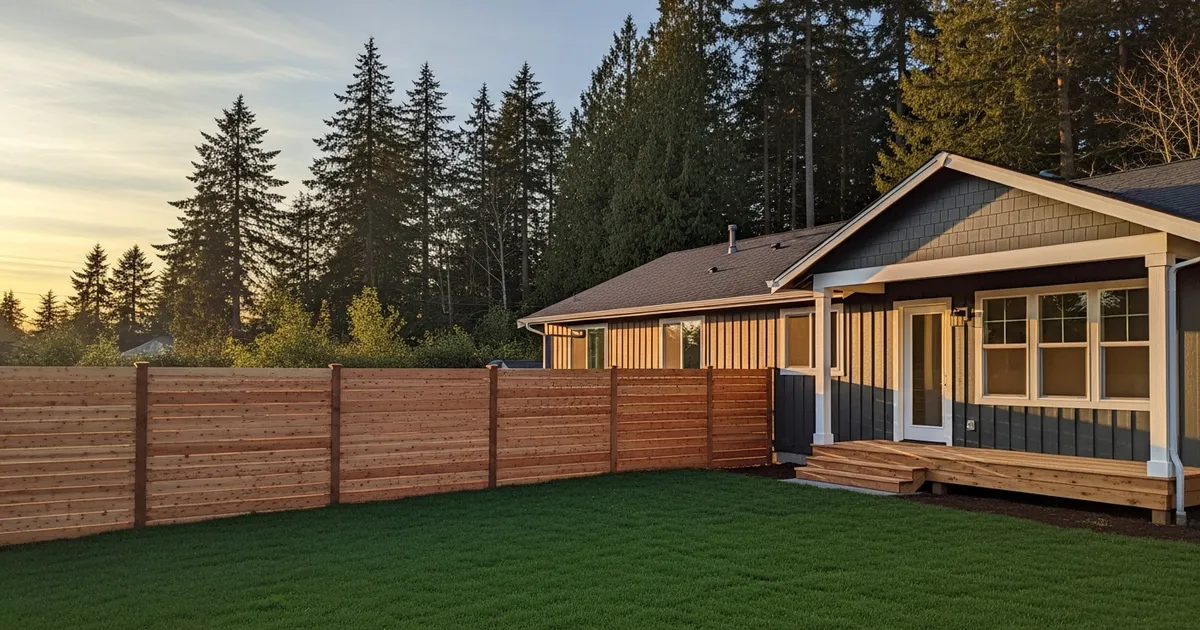 New 6-foot cedar privacy fence along the backyard of a Pacific Northwest home in Des Moines, Washington