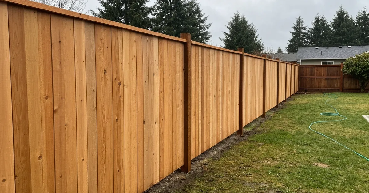 Newly installed 6-foot cedar privacy fence along a backyard lawn in Federal Way, WA on an overcast day