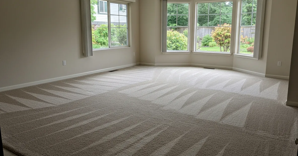 Freshly steam-cleaned living-room carpet with visible extraction lanes in a Kent, Washington home, backyard garden visible through the windows