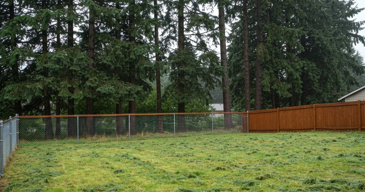 Fenced backyard of a Pacific Northwest home on Kent's East Hill, freshly scooped grass still wet from rain with Douglas firs behind the fence