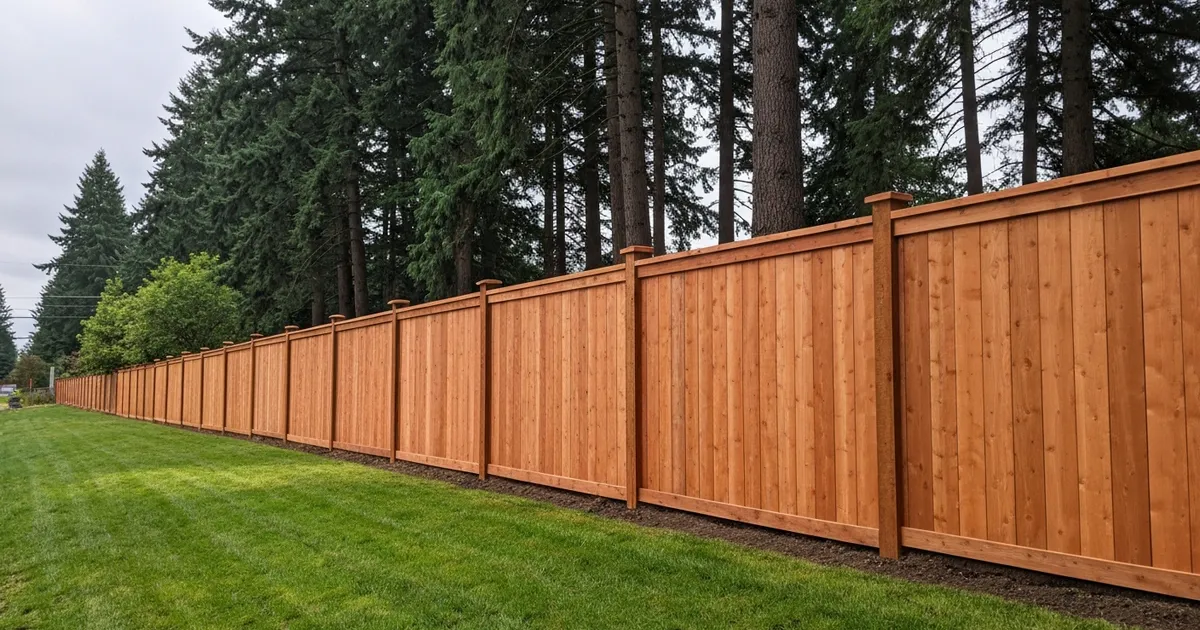 Newly installed 6-foot cedar privacy fence along the backyard of a Pacific Northwest home in Kent, Washington