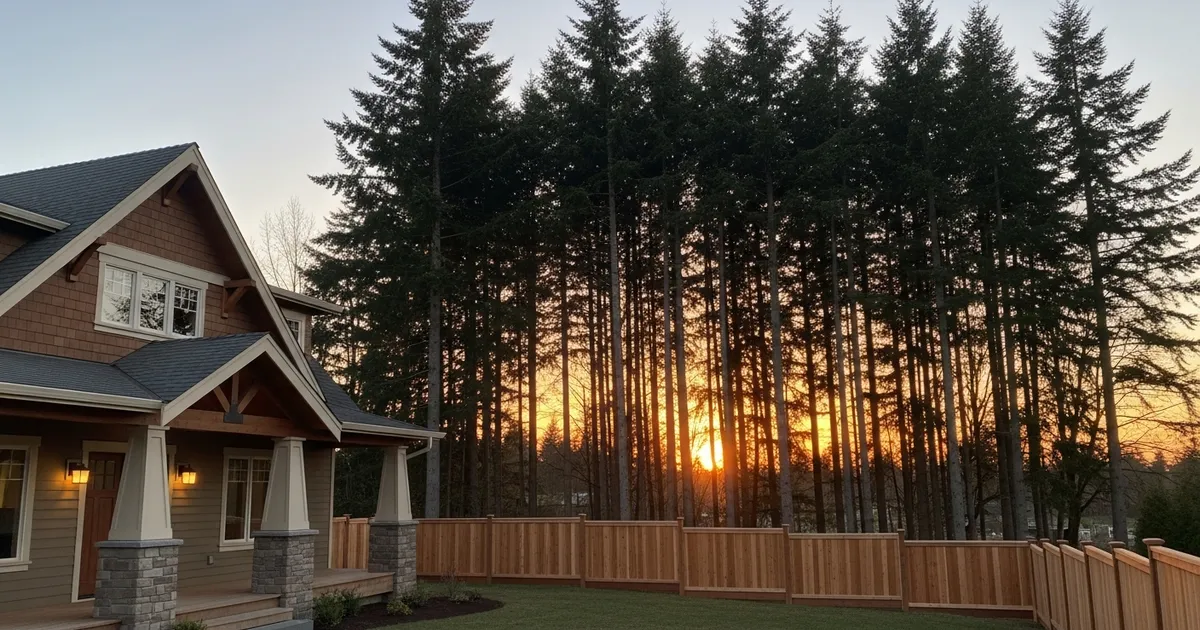 A Pacific Northwest craftsman-style home in Maple Valley, WA with a freshly installed 6-foot cedar privacy fence and Douglas fir trees behind it at golden hour