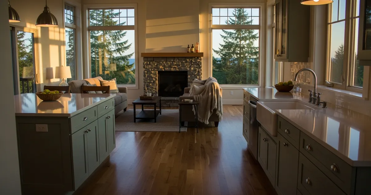 Bright, freshly cleaned open-plan living room and kitchen inside a Pacific Northwest craftsman home in Maple Valley, WA, with Douglas firs visible through the windows
