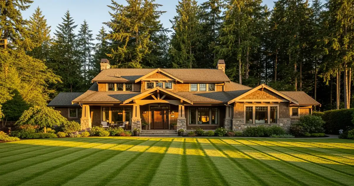 Freshly mowed striped lawn in front of a Pacific Northwest craftsman-style home with mature Douglas fir trees in Renton, WA
