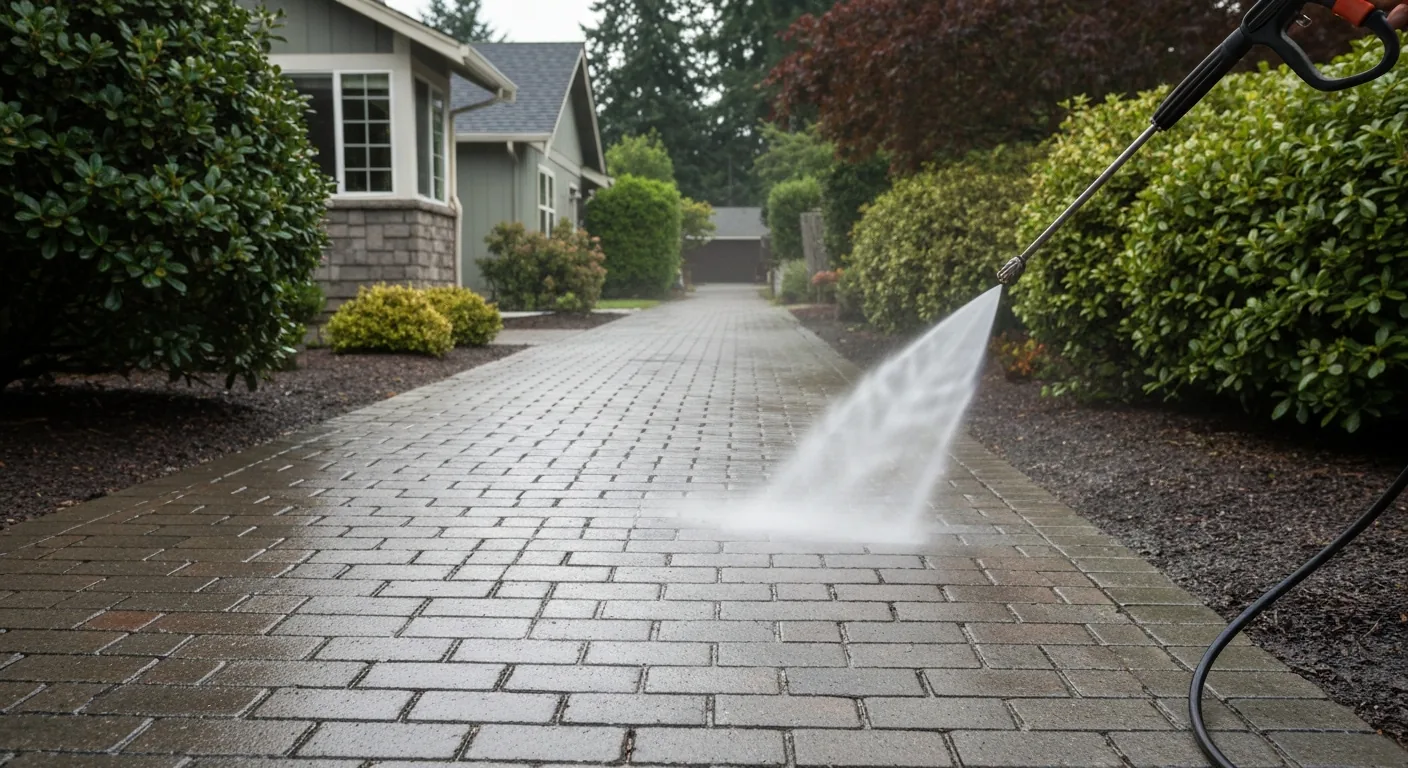 Pressure washing a brick paver walkway leading to a Pacific Northwest home in Renton, WA