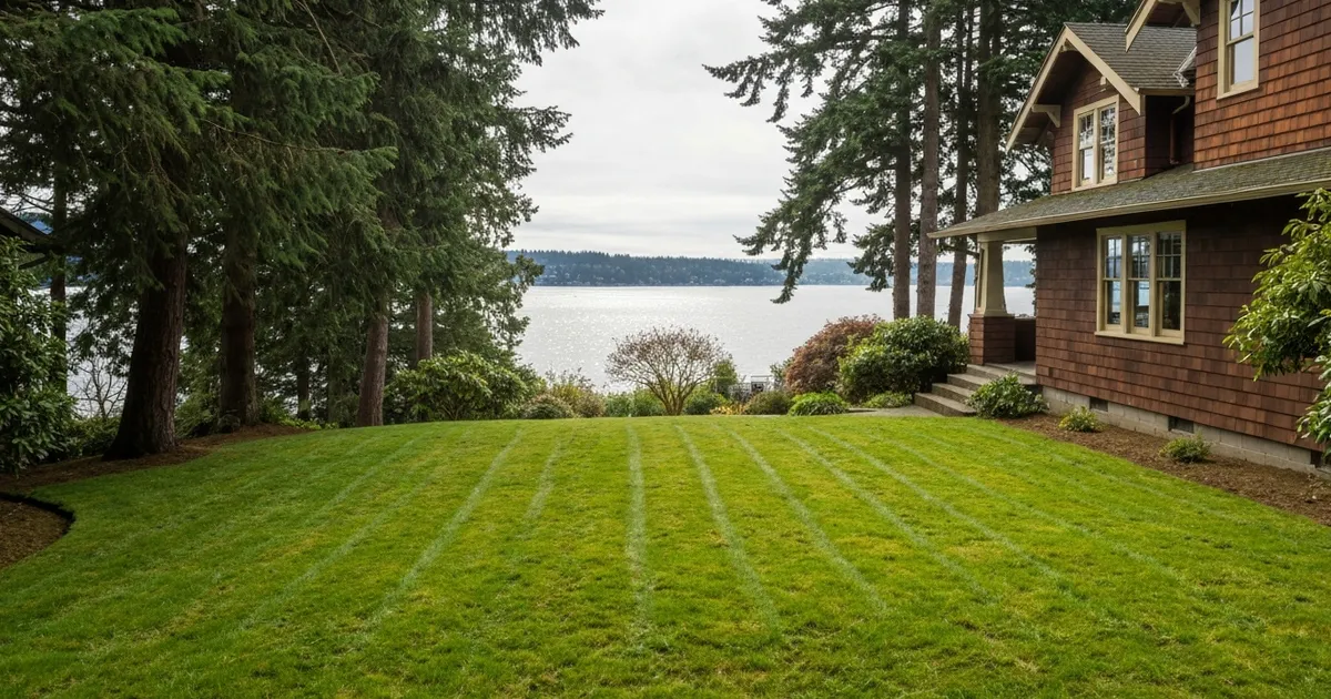 Freshly mowed front lawn of a Craftsman-style home in Seattle, WA with Douglas firs and a view toward Puget Sound
